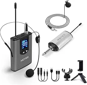 HOTEC Microfone de lapela sem fio UHF/microfone de lapela Lavalier com transmissor Bodypack e mini receptor recarregável de 1/4" de saída para vlogging ou discurso