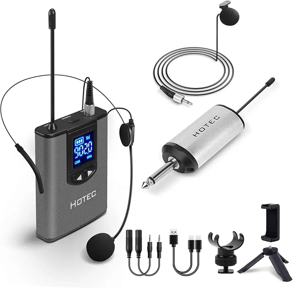 HOTEC Microfone de lapela sem fio UHF/microfone de lapela Lavalier com transmissor Bodypack e mini receptor recarregável de 1/4" de saída para vlogging ou discurso