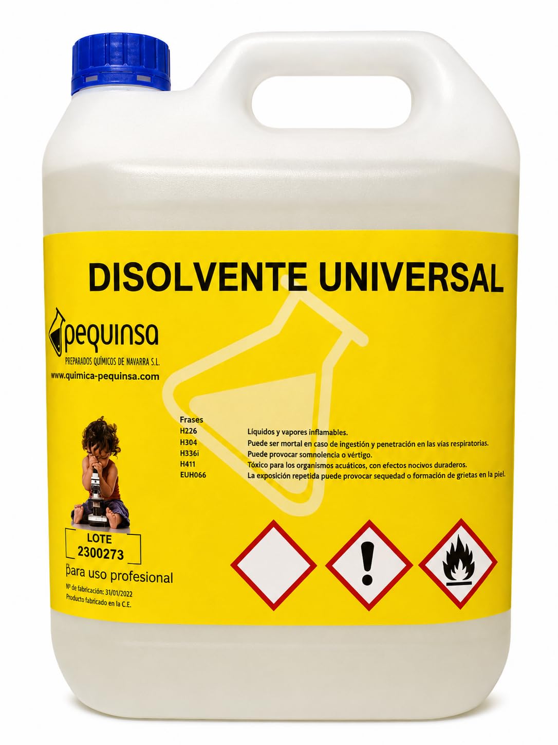 Disolvente universal. Multiusos: Limpiador, diluyente, desengrasante, inflamable.Envase de 5 Litros.