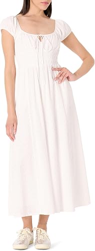 The Drop Women’s Melody Cap Sleeve Tie Front Cotton Dress, White Eyelet, L