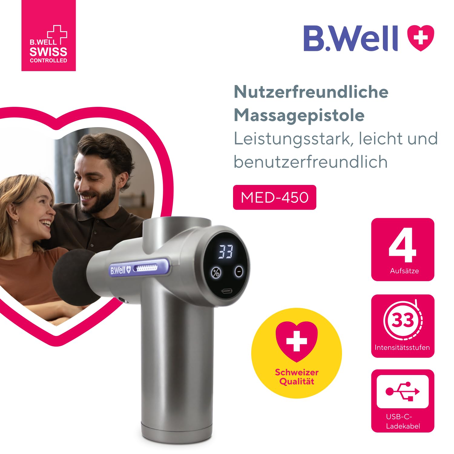 B.Well Swiss MED-450 Massagepistole, Elektrisches Muskel-Perkussionsmassagegerät mit 33 Geschwindigkeitsstufen, 4 Massageköpfen, 4h Akkulaufzeit, automatischer Abschaltung und USB-C-Ladekabel