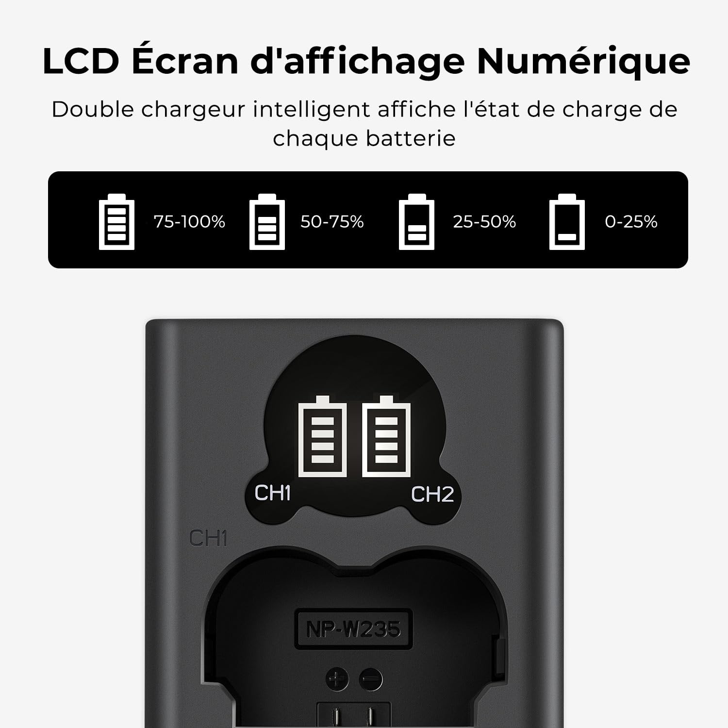 K&F CONCEPT NP-W235 Batteries de Rechange,Chargeur Double Intelligent USB avec Écran LCD,2 Batteries de Remplacement Compatible avec Fujifilm X-T5, X-T4, GFX 100S, X-H2S GFX 50S II, VG-XT4