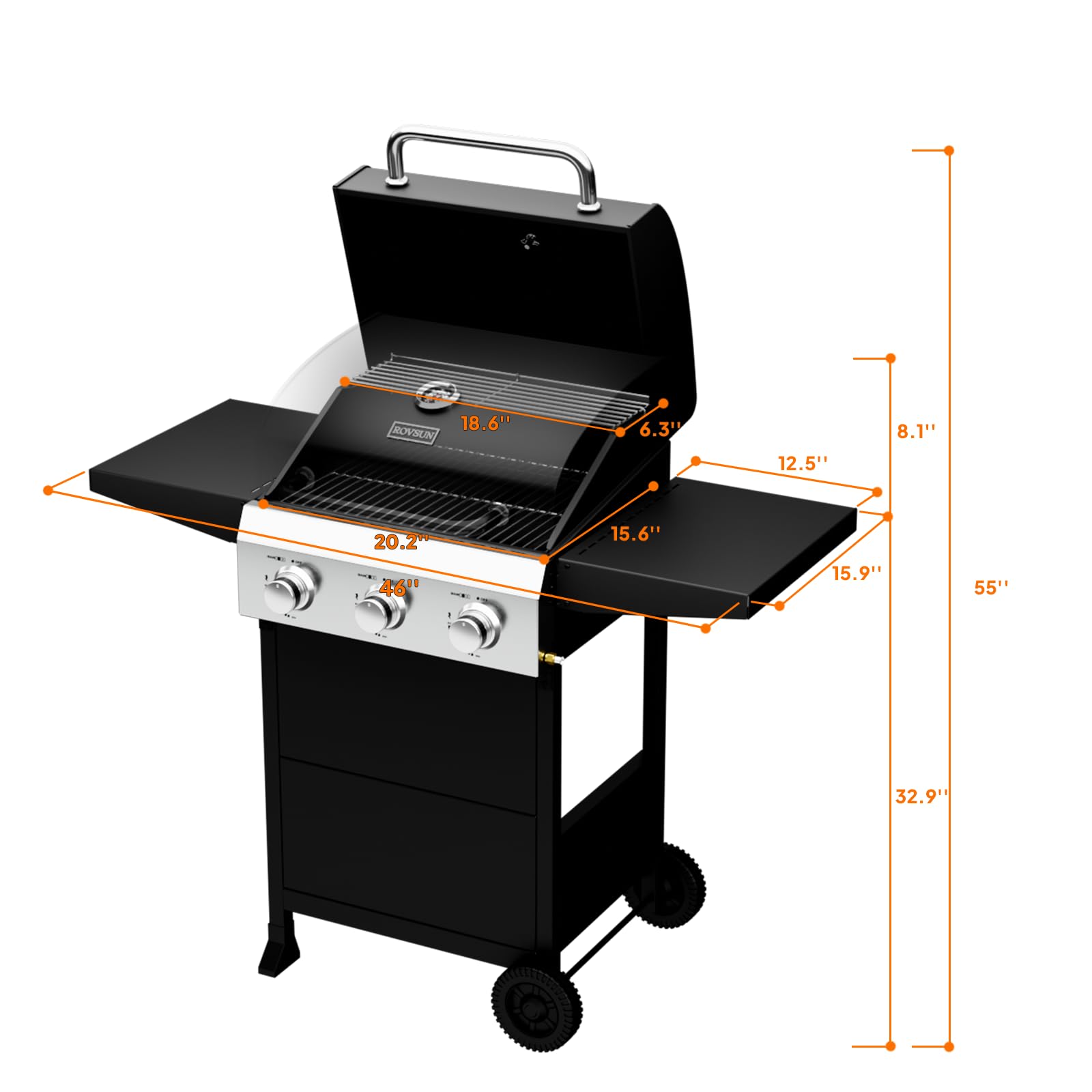 ROVSUN 10,5 KW Gasgrill mit 3 Brennern Gas Grill Camping Mobil mit 432 Quadratzoll Grillfläche, Camping Gasgrill Deckel Klappbare Seitenablagen 117x40x140 cm