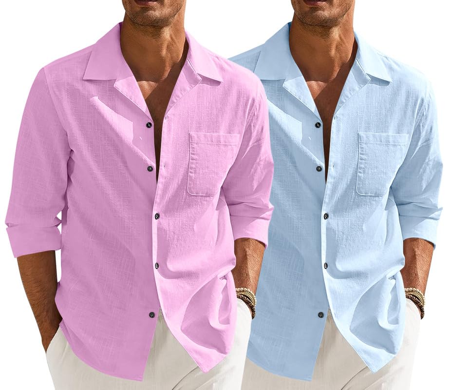 Image of Combo of Men's Casual Cotton Blend Shirt || Long Sleeve Button Down with Spread Collar | Lightweight Breathable Fabric | Stylish Solid Shirt for Beach, Office & Everyday Wear Pack of 2