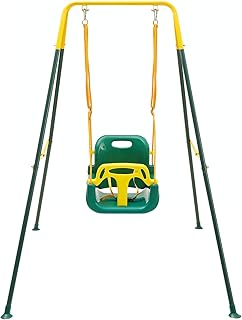 FUNLIO Toddler Swing with 4 Sandbags, Heavy-Duty Kid Swing with Safety Harness for Garden, Indoor Swing for Baby with Folding Metal Stand, Outdoor Play Equipment for Children - Green