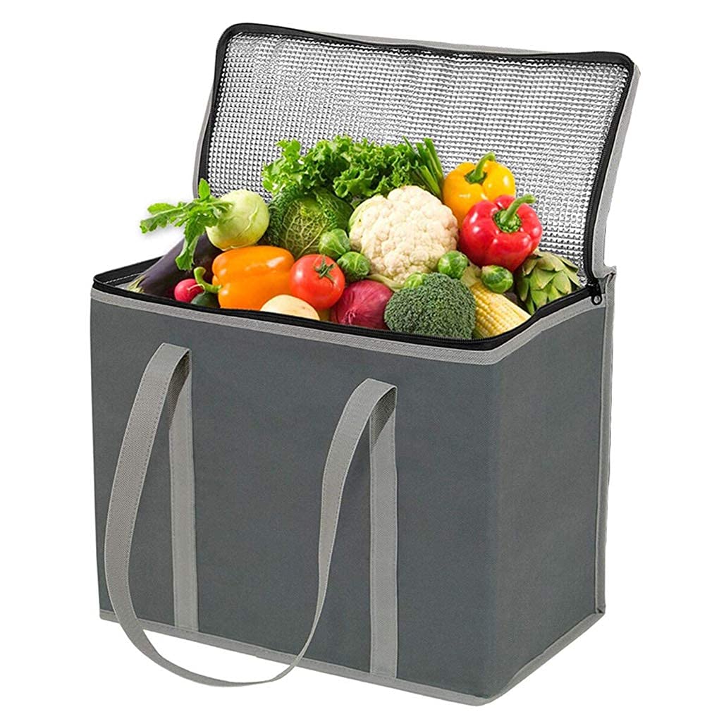 KASTWAVE Lunch Delivery Bag Large, Insulated Shopping Bag, Reusable Cool Bag, Food Cooler Bag, Washable, Reinforced Bottom and Handles, Insulated Grocery Bags for Hot Or Cold Food(Grey)