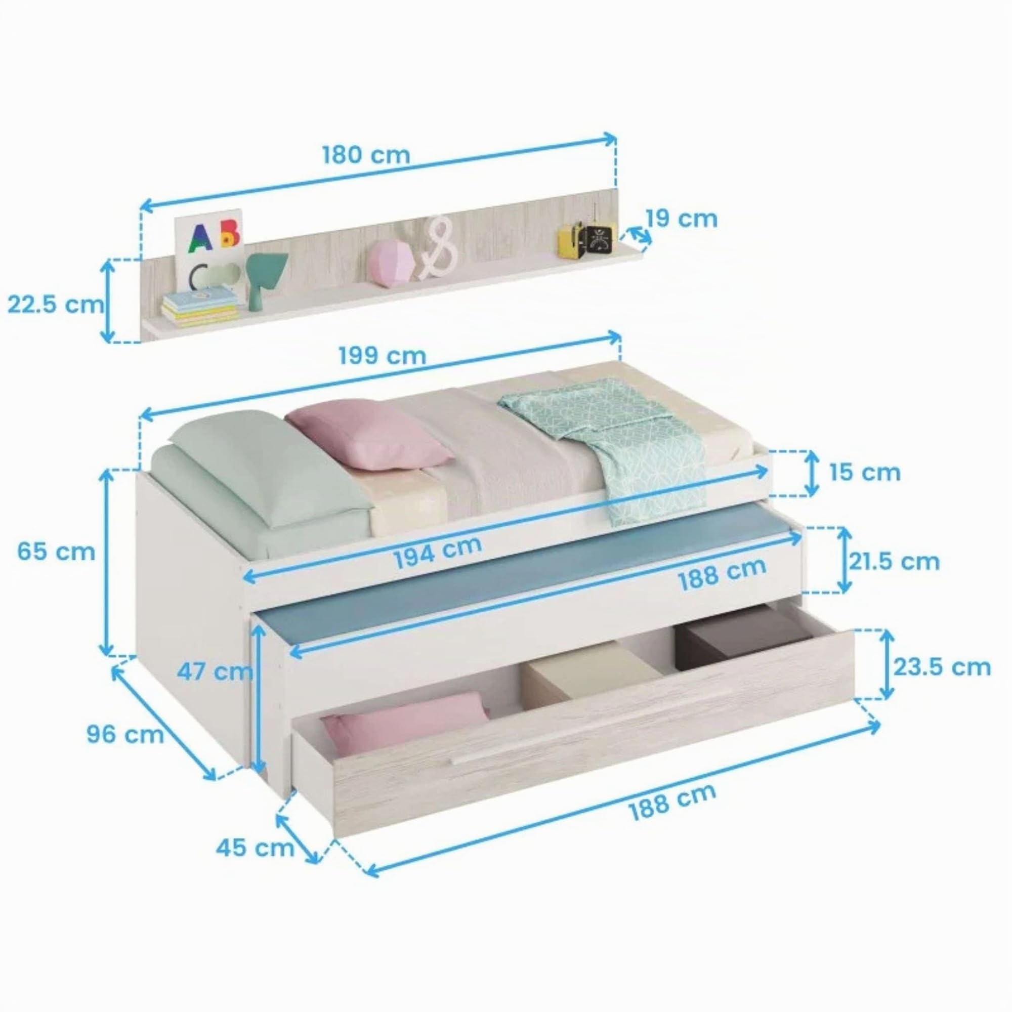 Miroytengo Cama Nido Dormitorio Elliot Estilo Infantil Juvenil en Color Blanco Artik y Blanco Velho con 2 Cajones 180x90 cm