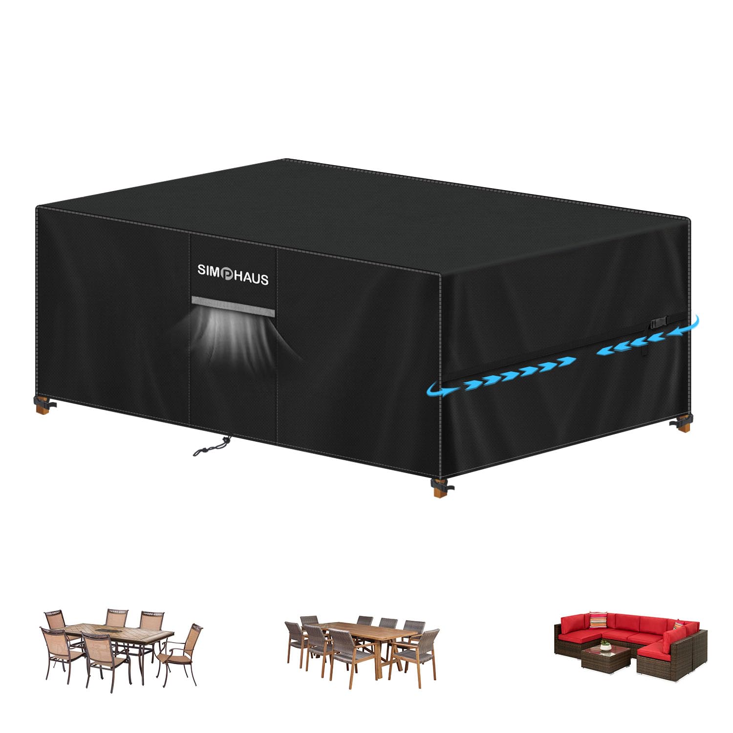 SIMPHAUS Waterproof Garden Furniture Cover 420D Oxford Fabric Large Outdoor Cover with Air Vent for Rattan Table Set Anti-UV