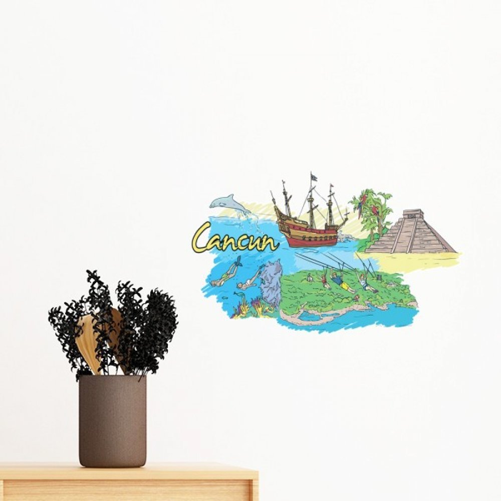 Sticker mural amovible temple maya Cancun aquarelle 40cm DIYthinker