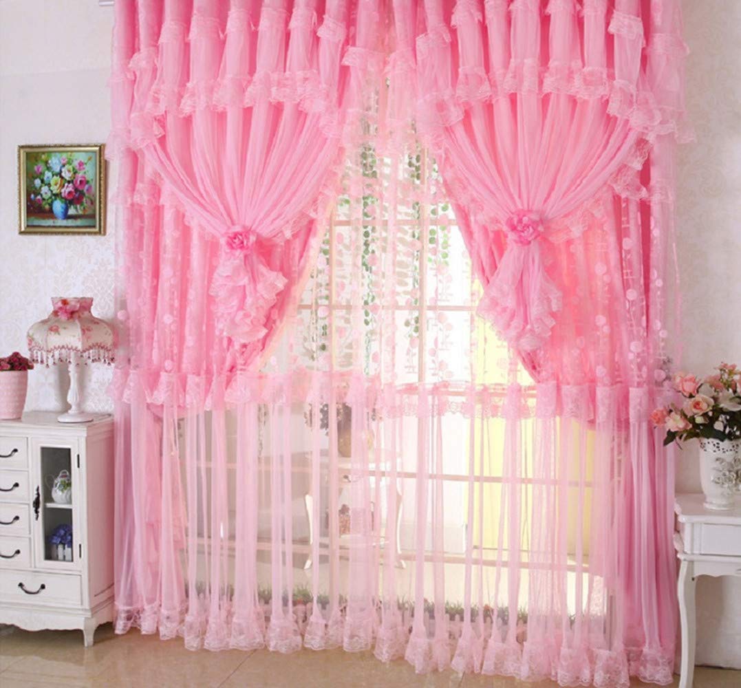 Princess 4-Layer Ruffle Lace Embroidered Tulle Window Curtains Valances Panel Sheer for Living Room Bedroom Wedding Home Decor 118" x 110" Purple (Pattern1, Pink)