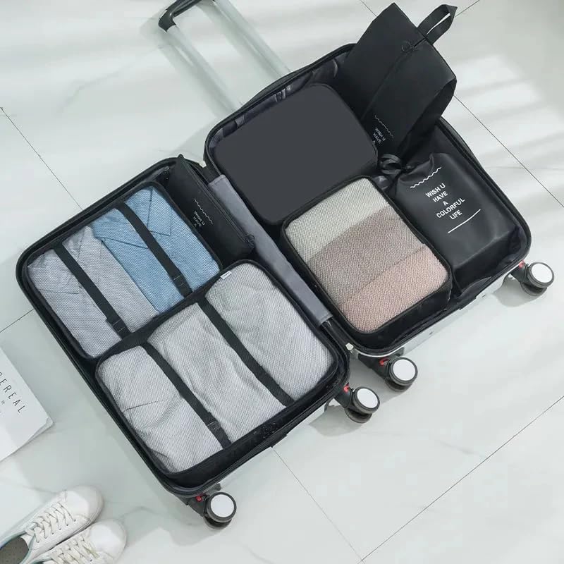 Image of 7 Pcs Foldable Luggage and Laundry Bag Pouch Waterproof Travel Toiletry Organizer Garment Storage Bag Portable Packing Cubes Storage Bag (BLACK)