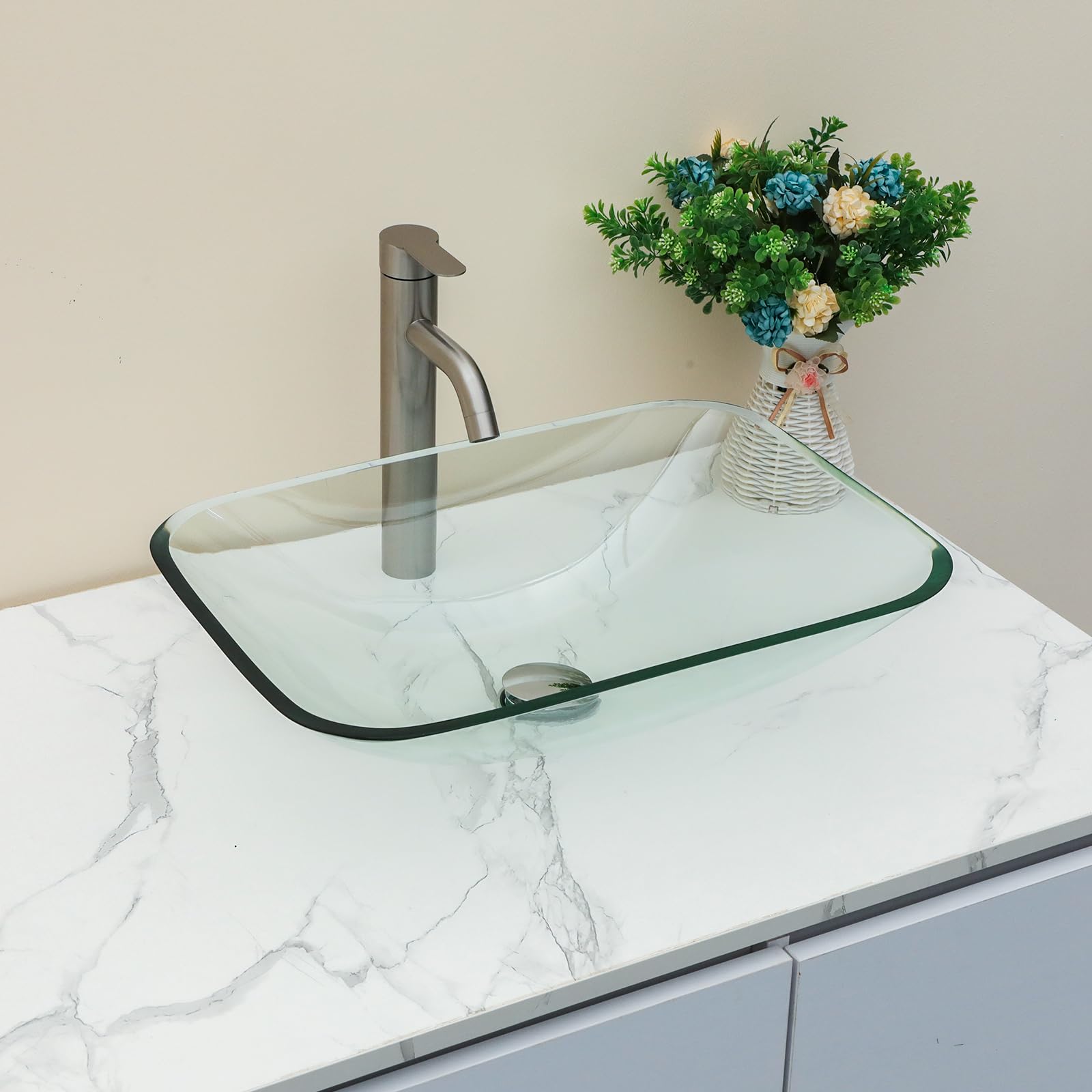 Sarlai Bathroom Vessel Sink Tempered Glass Bowl Vessel Sink with Pop-up Drain Combo 20-1/4 x 14-1/2 Inch Transparent Countertop Bathroom Sink Basin
