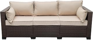 WAROOM 3-Seat PE Rattan Outdoor Patio Sofa Brown Wicker Deep Seating Couch with Beige Cushions & Cover