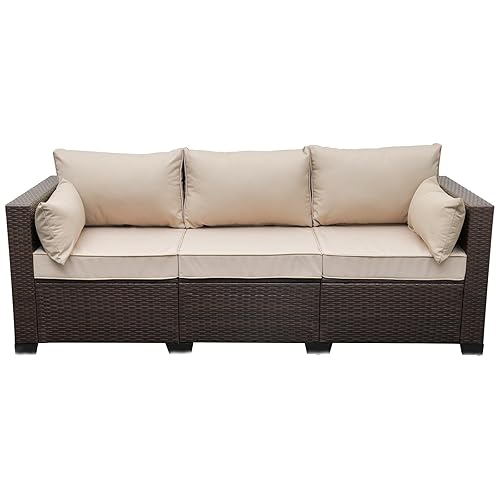 Patio Couch PE Rattan 3-Seat Outdoor Sofa Brown Wicker Furniture
