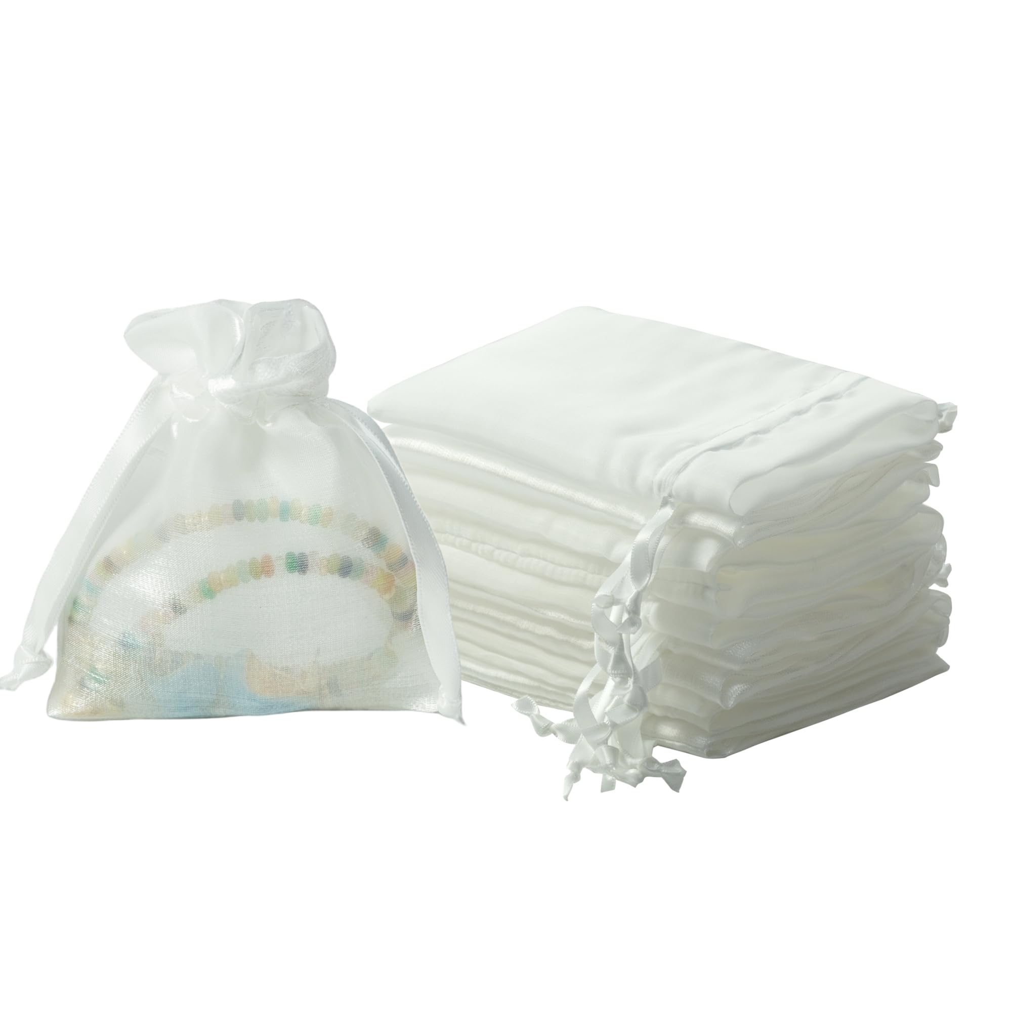 QIANF 20 Pcs White Small Organza Bags 3X4 inch for Wedding Favors with Drawstring, Mini Mesh Gift Bags Jewelry Pouch for Candy Bridal Shower Party