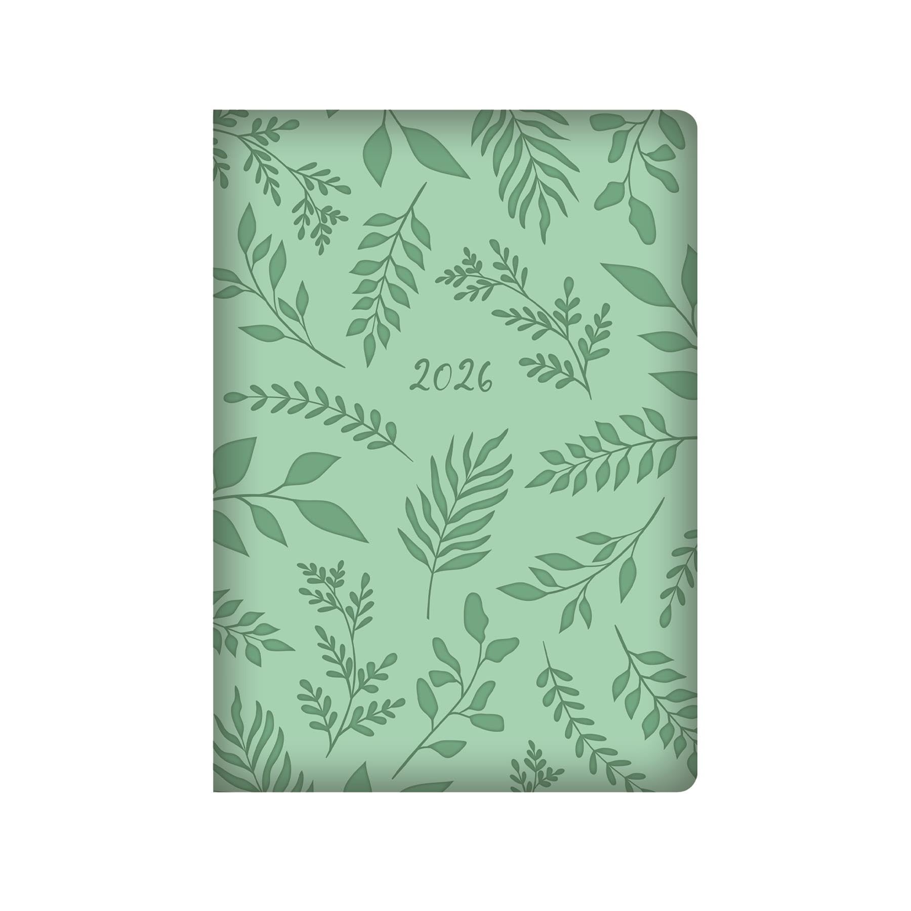 2026 A5 Diary Week to View - Green Leaf Print Embossed Padded Soft Faux Leather Planner Botanical Design - Casebound Notebook Business & Student Organiser
