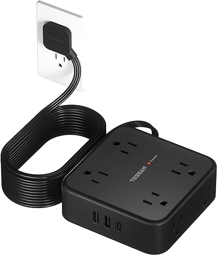 TESSAN - Cable de extensión de 15 pies, regleta de alimentación ultra fina de enchufe plano con 8 tomas, 3 cargadores USB (1 USB C), estación de