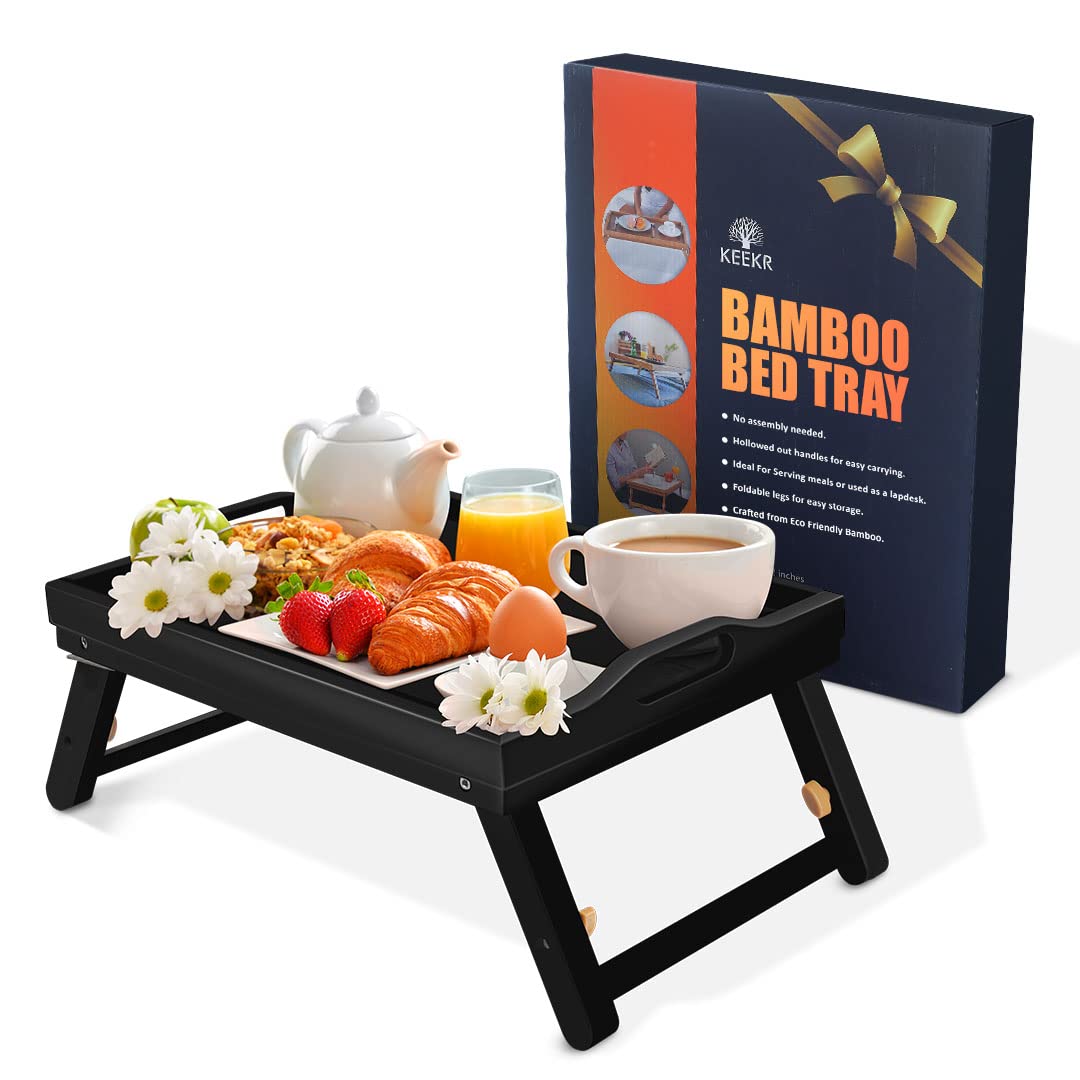 KEEKR Bed Tray with Adjustable Height for Eating - Portable Food Table for Serving Breakfast in Bed - Dining Caddy with Locking Legs, Carrying Handles, 100% Made of Bamboo (Black)