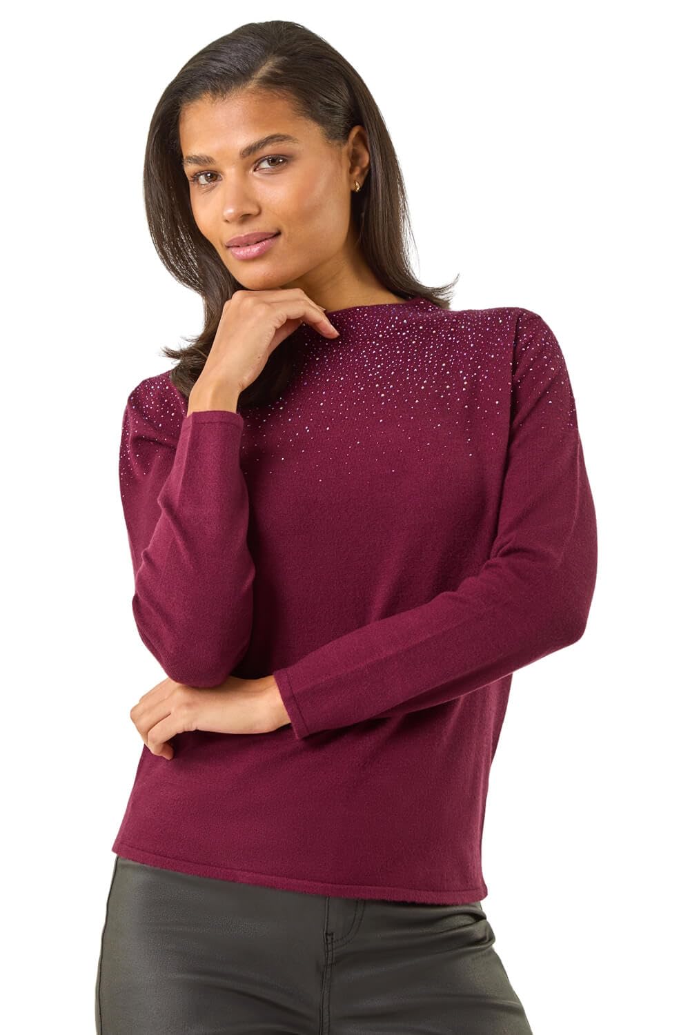 Roman Originals Women's Bordeaux Diamante Sequin Jumper For Uk Sparkly Glitter Sweater Embellished Smart Casual Autumn Winter High Neck Knitwear Knitted Pullover - Size 18