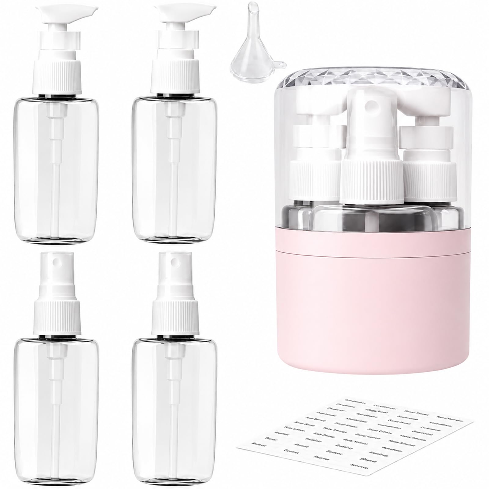 4 in 1 Bottiglie da Viaggio Ricaricabili,Contenitori da Viaggio per Liquidi | Flaconi Portatili Antiperdita con Etichette per Shampoo Balsamo Lozione e Crema, Kit Viaggio Aereo Bagaglio a Mano
