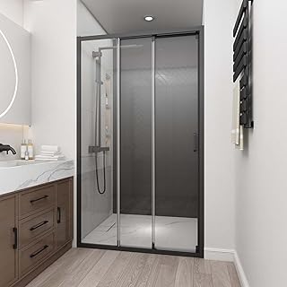 46" W x 78" H 3-Panels Sliding Shower Door, Shower Door Clear 6mm Tempered Glass with Matte Black Frame, 3-Panels Sliding Shower Easy to Clean,Three-Panel Synchronized Shower Sliding Door