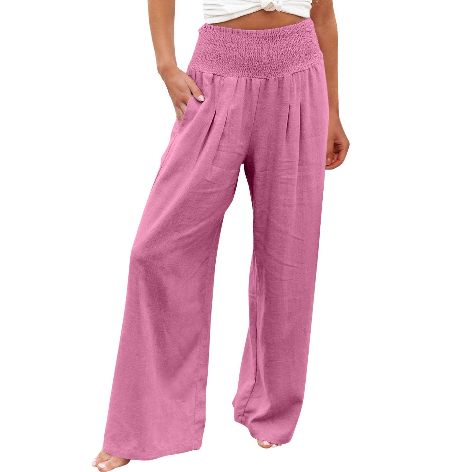 Linen Palazzo Pants Women High Waist Wide Leg Lounge Summer Casual Beach Trouser with Pockets Travel Vacation Outfits