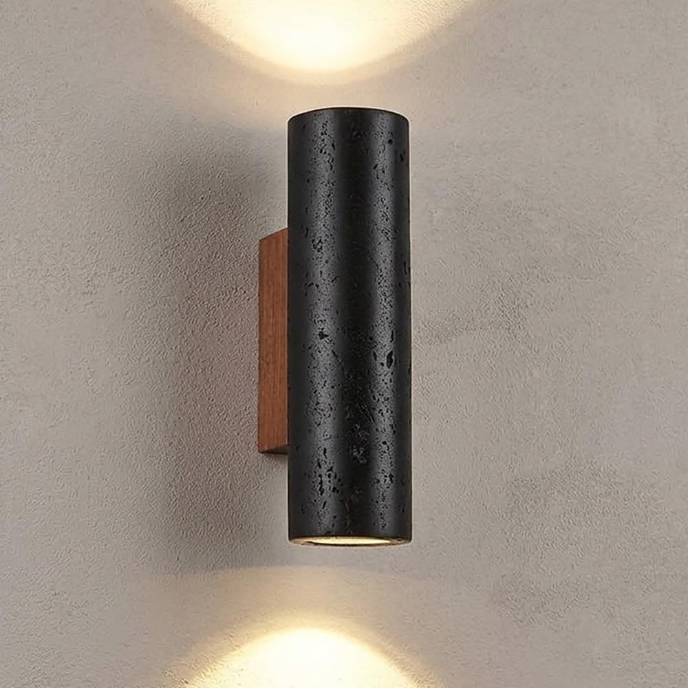 Cosrub One Color Minimalist Cylinder Travertine Wall Sconce, Up Down Lighting Stone Wall Lamps Industrial Black Vertical Wall Mounted Light For Living Room Hallway Stairs(23Cm/9.05In)