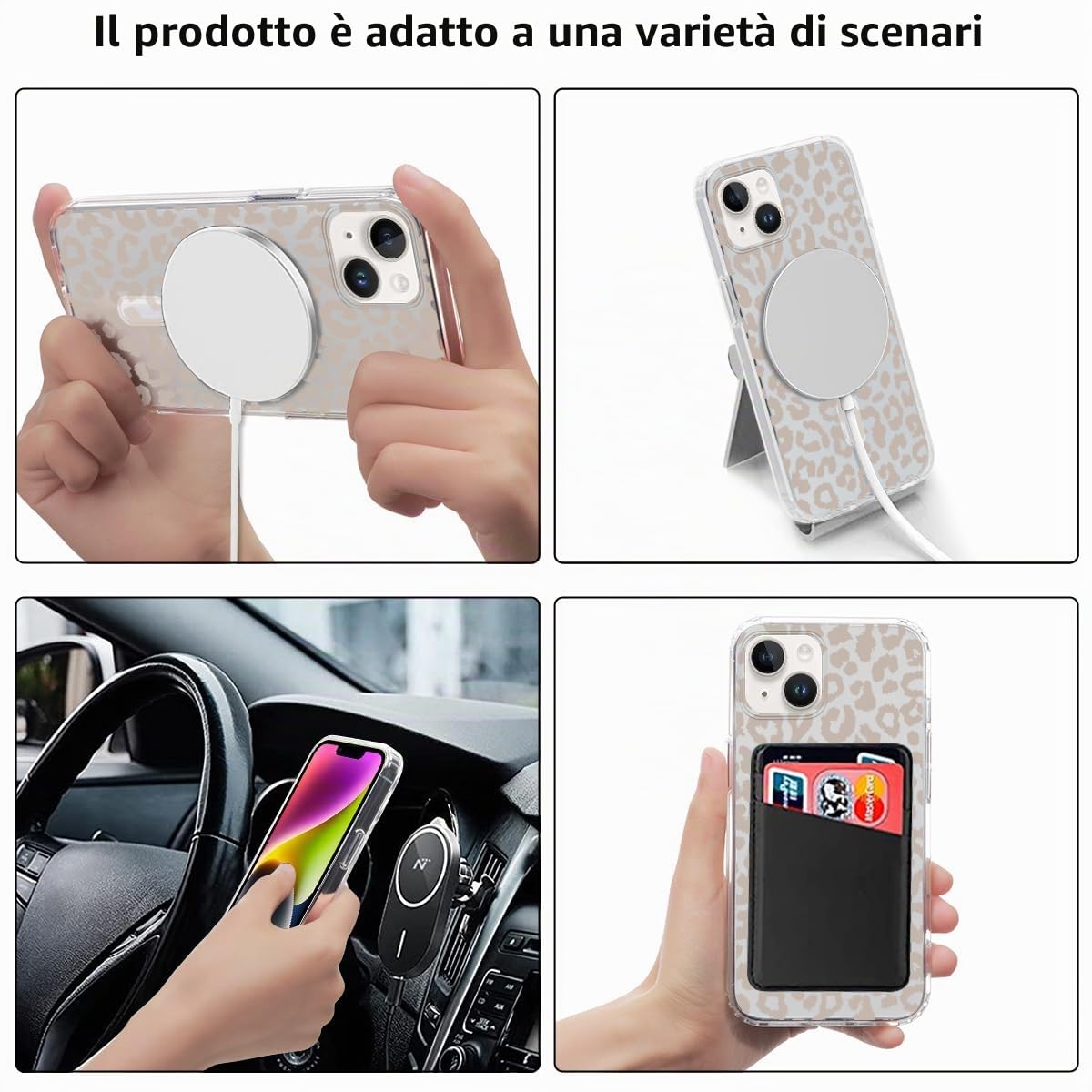 Custodia Magnetica Trasparente Per IPhone 14 Con Cordino – Modello Leopardo E Fiori, Compatibile MagSafe, Cover Con Collana Regolabile Per Donna