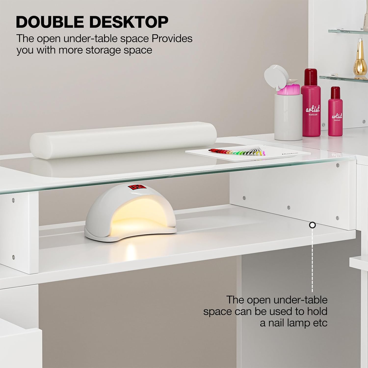 L-Shaped Manicure Table with Shelves, Glass Top Nail Table Station Acetone Resistant w/Storage Drawers, LED Lights, Cabinet, Wrist Cushion & Gold Handles(White)