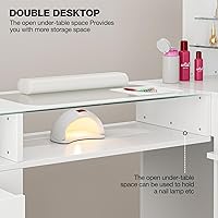 Vista 8 de Mesa de manicura en forma de L con estantes, estación de mesa de uñas con parte superior de cristal, resistente a acetona, con cajones