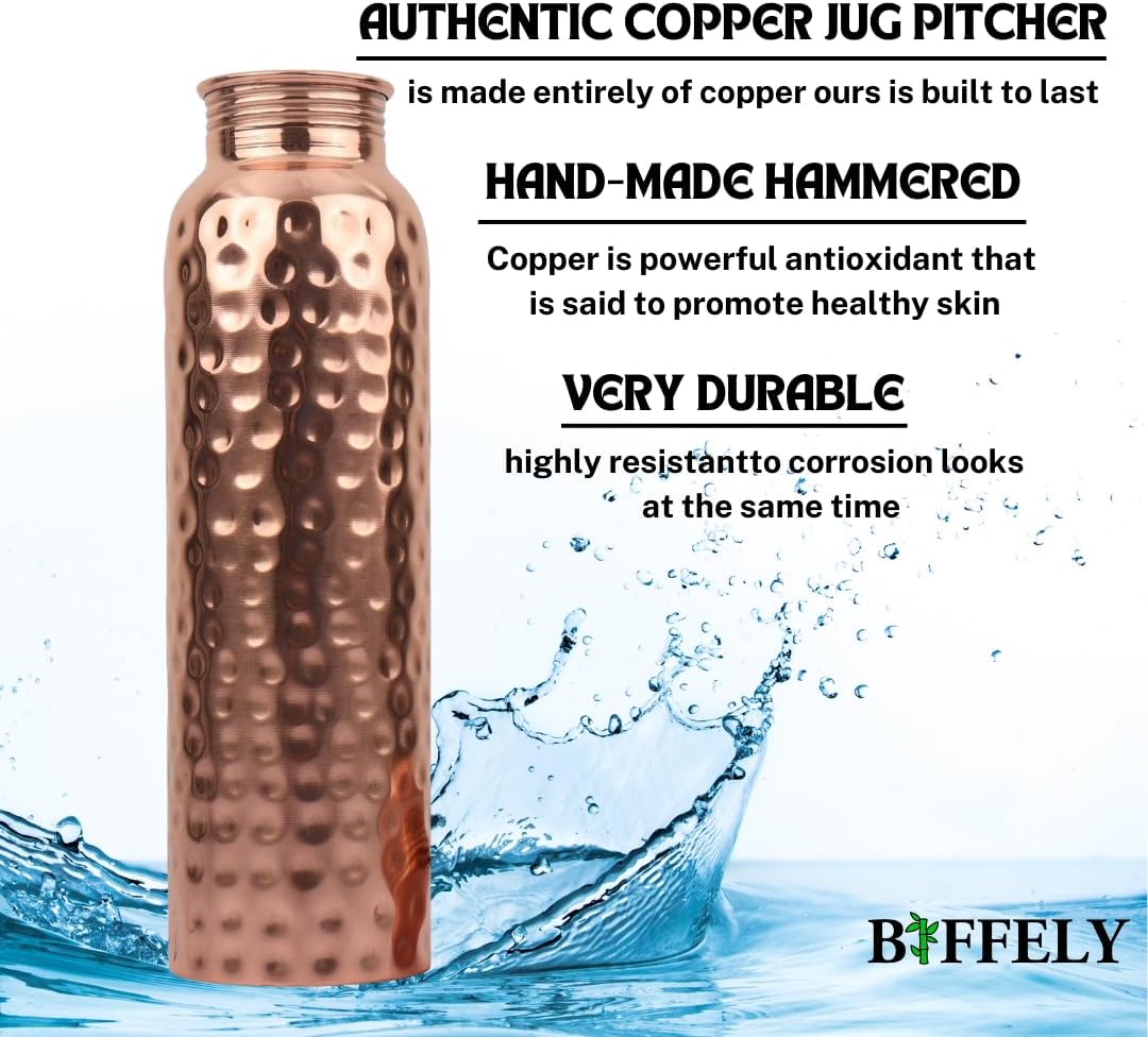 100% Pure Copper Water Bottle for Drinking – Extra Large 34 Oz Wide Mouth, Hammered Ayurvedic Copper Water Bottle – Handcrafted Leak-Proof Vessel, Reusable, BPA-Free & Travel Friendly - Image 4