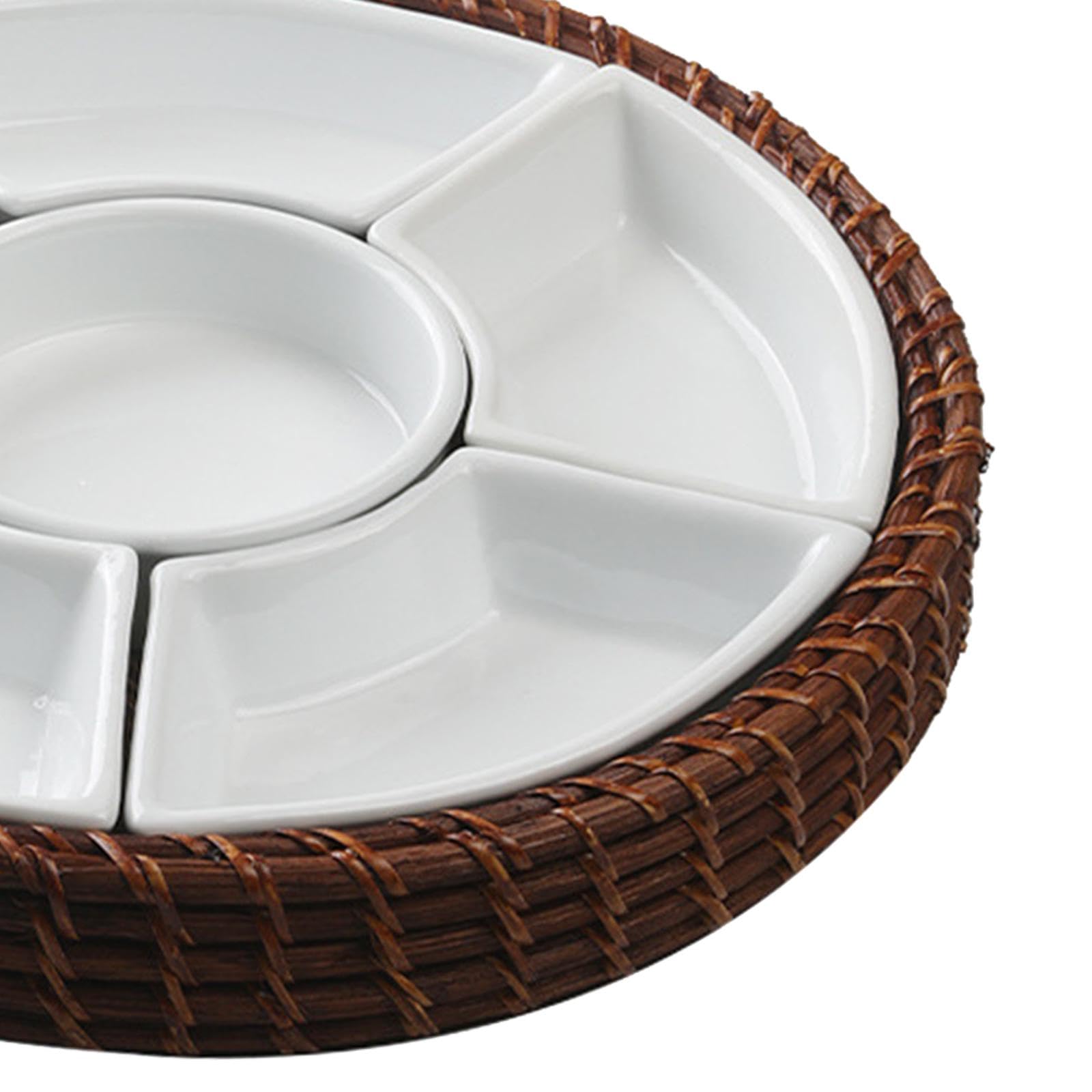 Bandeja Dividida para Snacks con Compartimentos Desmontables Plato de Aperitivos para Frutas Bandeja de Rattan y Diseño Pastoral Adecuada, Marrón