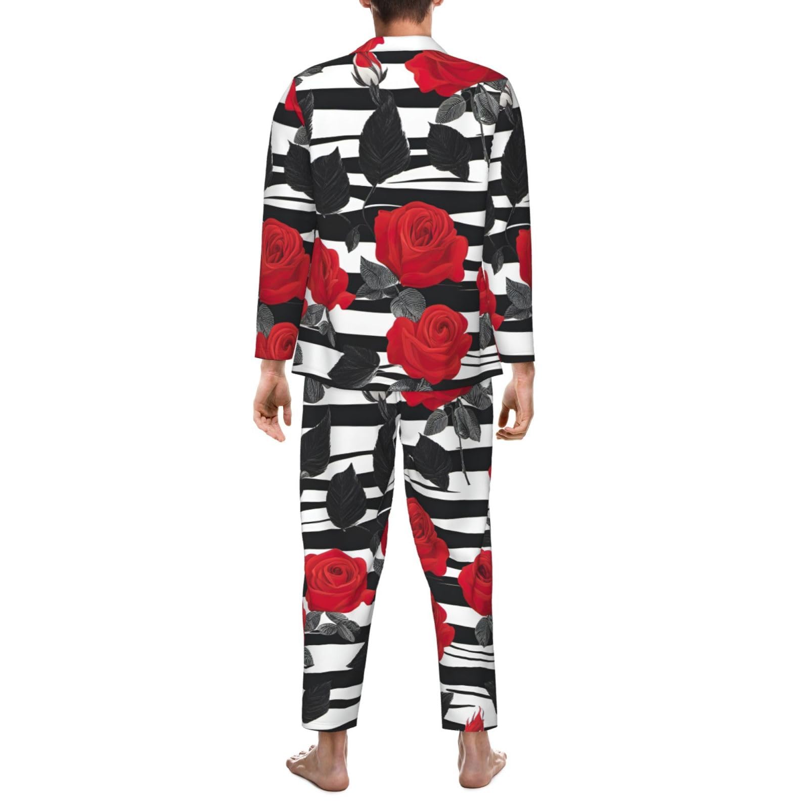 Pigiama a maniche lunghe da uomo con stampa di fiori rossi a righe bianche nere Set pigiama a due pezzi traspirante accogliente Weekend Loungewear
