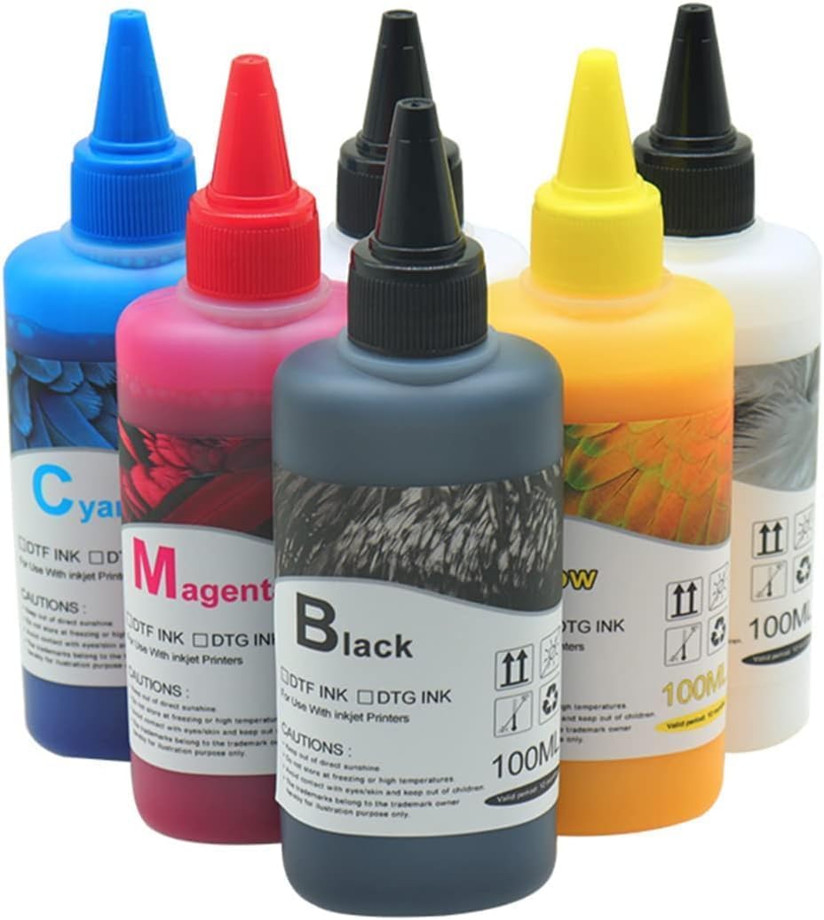 DTF Ink 600ML - Premium DTF Transfer Ink for PET Film, Refill for ET-8550, L1800,XP-15000,L805, R1390, R2400 All DTF Printers,Heat Transfer Printing Direct to Film (100ml x 6, CMYK-WW)