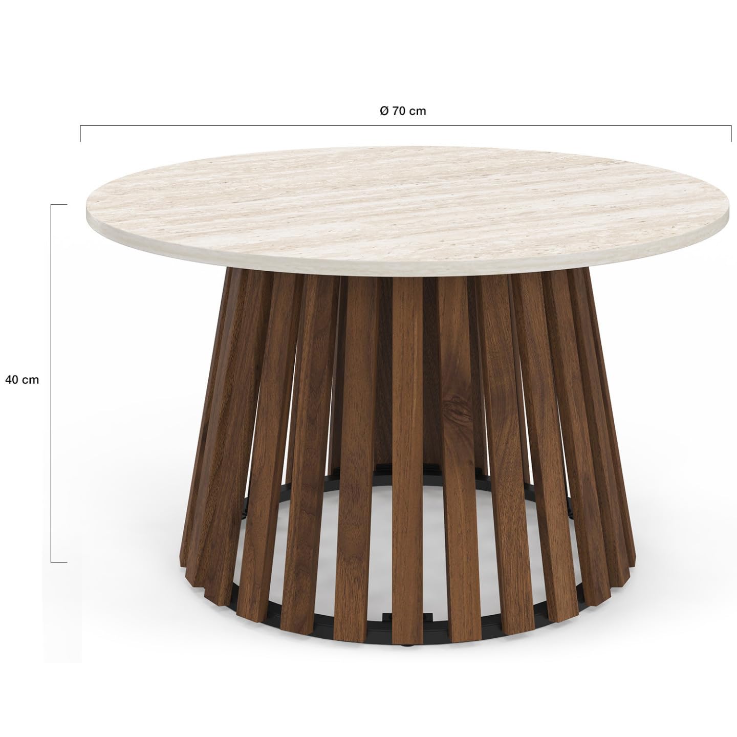 IDMarket - Mesa de centro, redonda, Carmen, 70 cm, base de madera de listones, efecto nogal y tapa de travertino