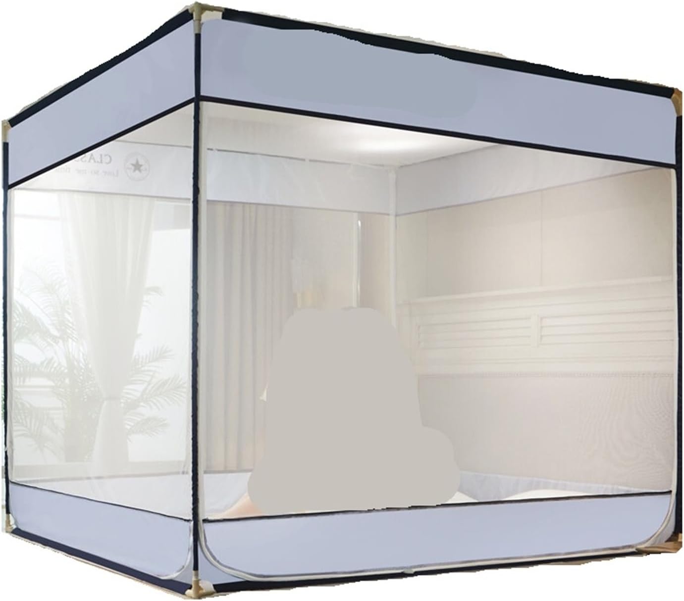 Large Space Sitting Bed Type Double Zipper Mosquito Net Anti-Fall Off Square 3 Door Canopy Tent(Blue,1.2x2.0M Bed)