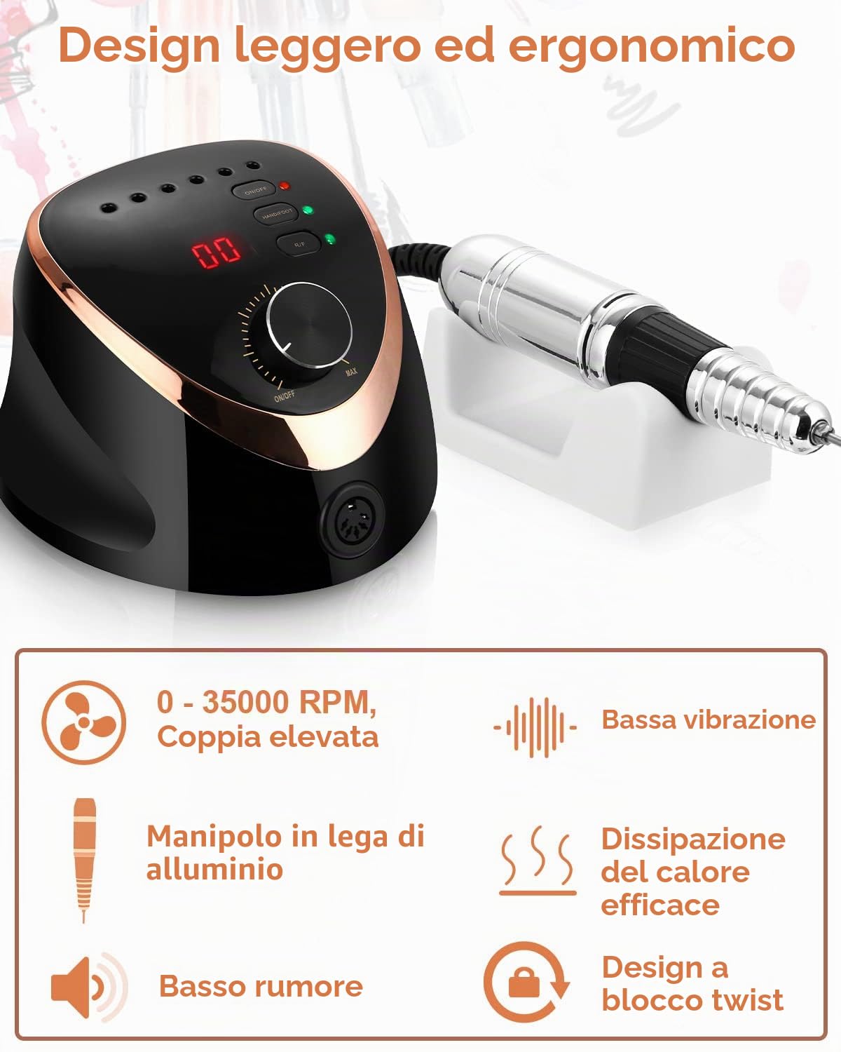 Fresa per Unghie Professionale 35000 Giri Trapano per Unghie Regolabile La Rettificatrice con Modalità Pedale,Display LED Elettrico di Chiodo Strumenti Fresa per unghie acriliche gel Pedicure Nero | Fresa per unghie con indicatore LED, pedale, velocità re