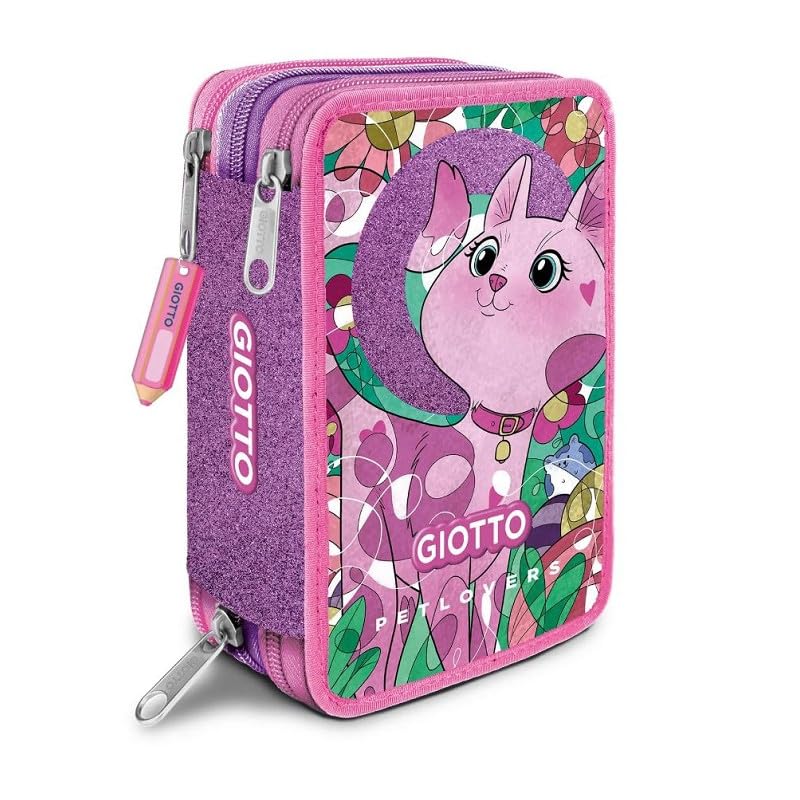Giotto Petlovers Astuccio 3 Zip Cat, con Glitter, 3 Scomparti, Pennarelli, Pastelli e Accessori Inclusi