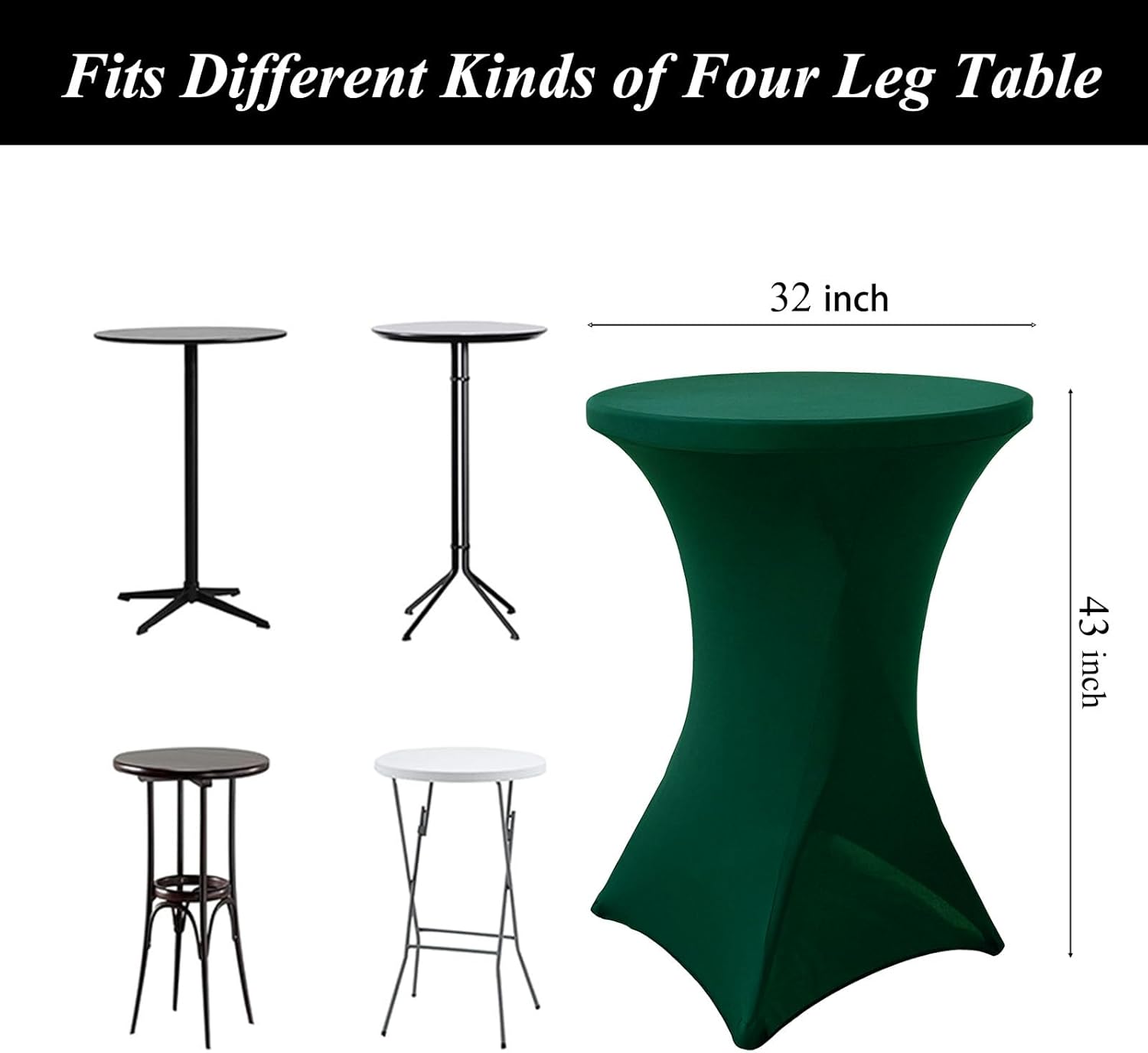 4Pack Forest Green Cocktail Table Cover 32x43 Inch Fitted Stretch Cocktail Tablecloth for Round Table Top Cover High Top TableCloths for Party Bar Pub Wedding Banquet