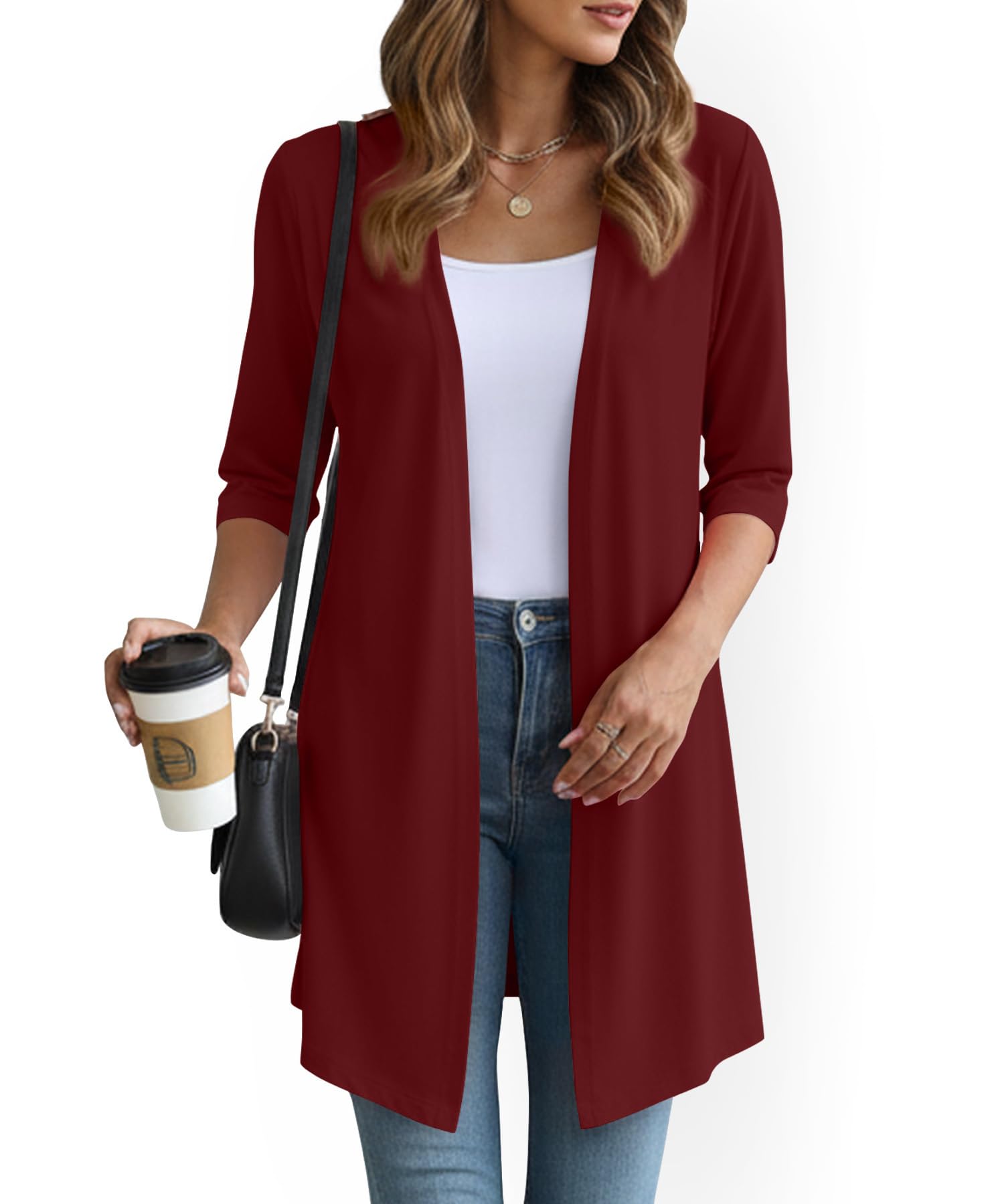 YSYOKOW Lightweight Cardigans for Women 3/4 Sleeve Long Open Front