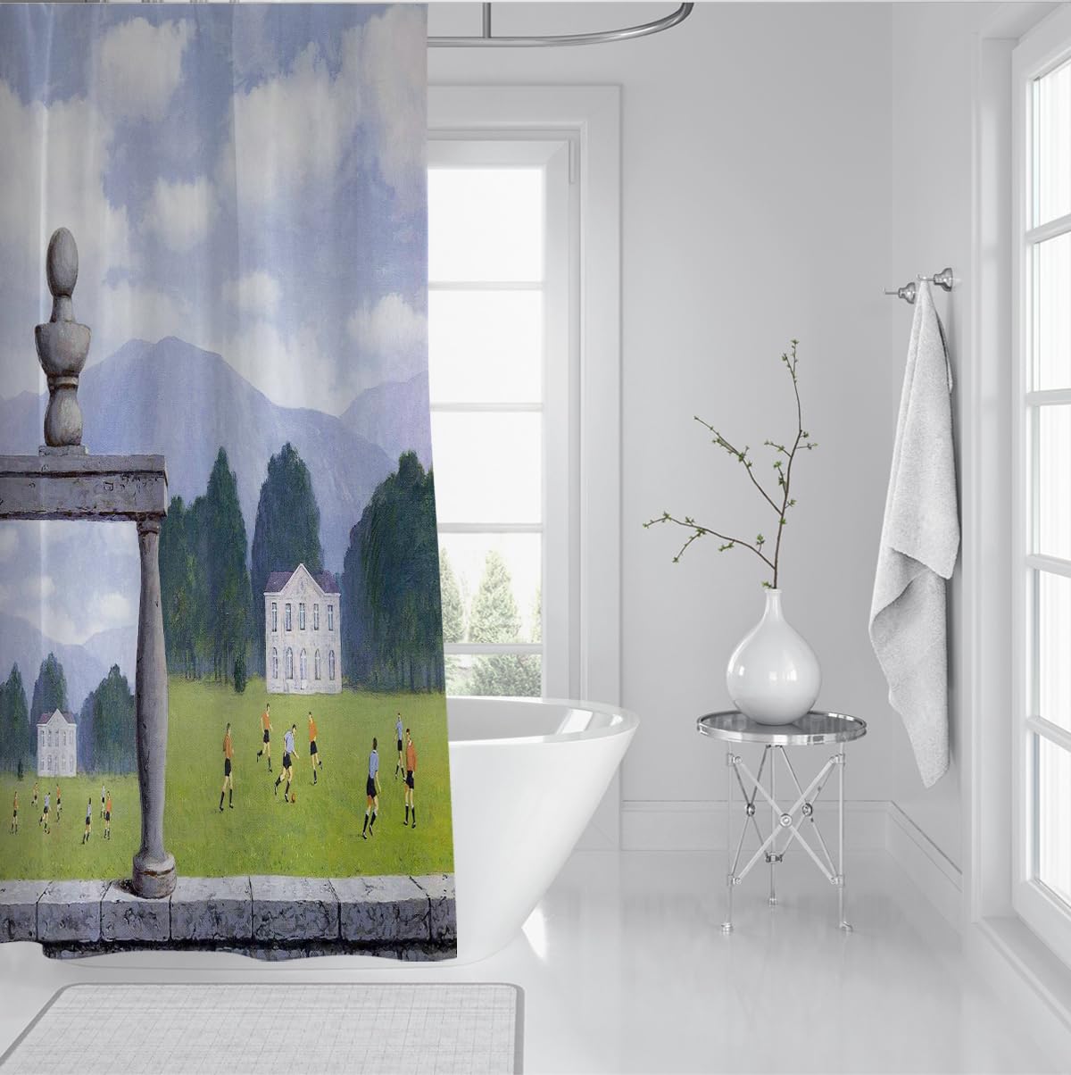 Surrealismus Duschvorhang Fußballspiel auf dem Rasen Berühmte Malerei Druck Wasserdichter Polyestergewebe Badevorhang Set mit Haken 200 x 240 cm