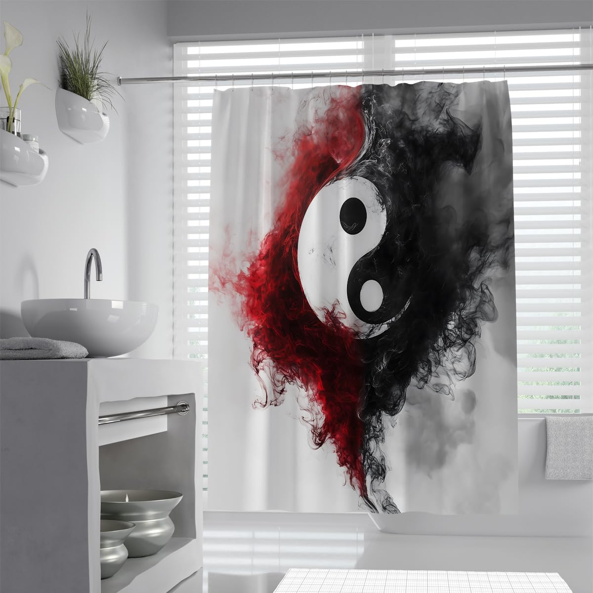 Ink Fluid Art Yin Yang Duschvorhang Rot, Schwarz & Weiß Taiji Stoff Badevorhang Abstrakt Aquarell Balance Badezimmerdekoration Wasserdicht 200 x 240 cm