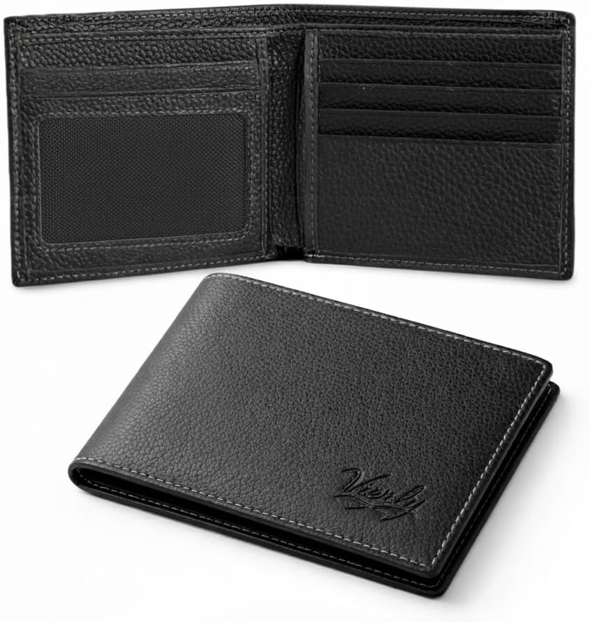 Mens Leather Wallet - Mens Wallet with 10 Compartments Wallet with ID Slot Card Slots & Coin Compartment - Classic Wallet Black