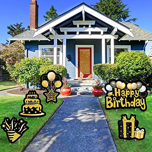 Watinc Set Of 5 Happy Birthday Yard Signs With Stakes Black Gold Large Waterproof Lawn Sign Glittery Balloons Cake Gift Box Ribbons Birthday Party Decorations Supplies Photo Props For Outdoor Garden #TOP5