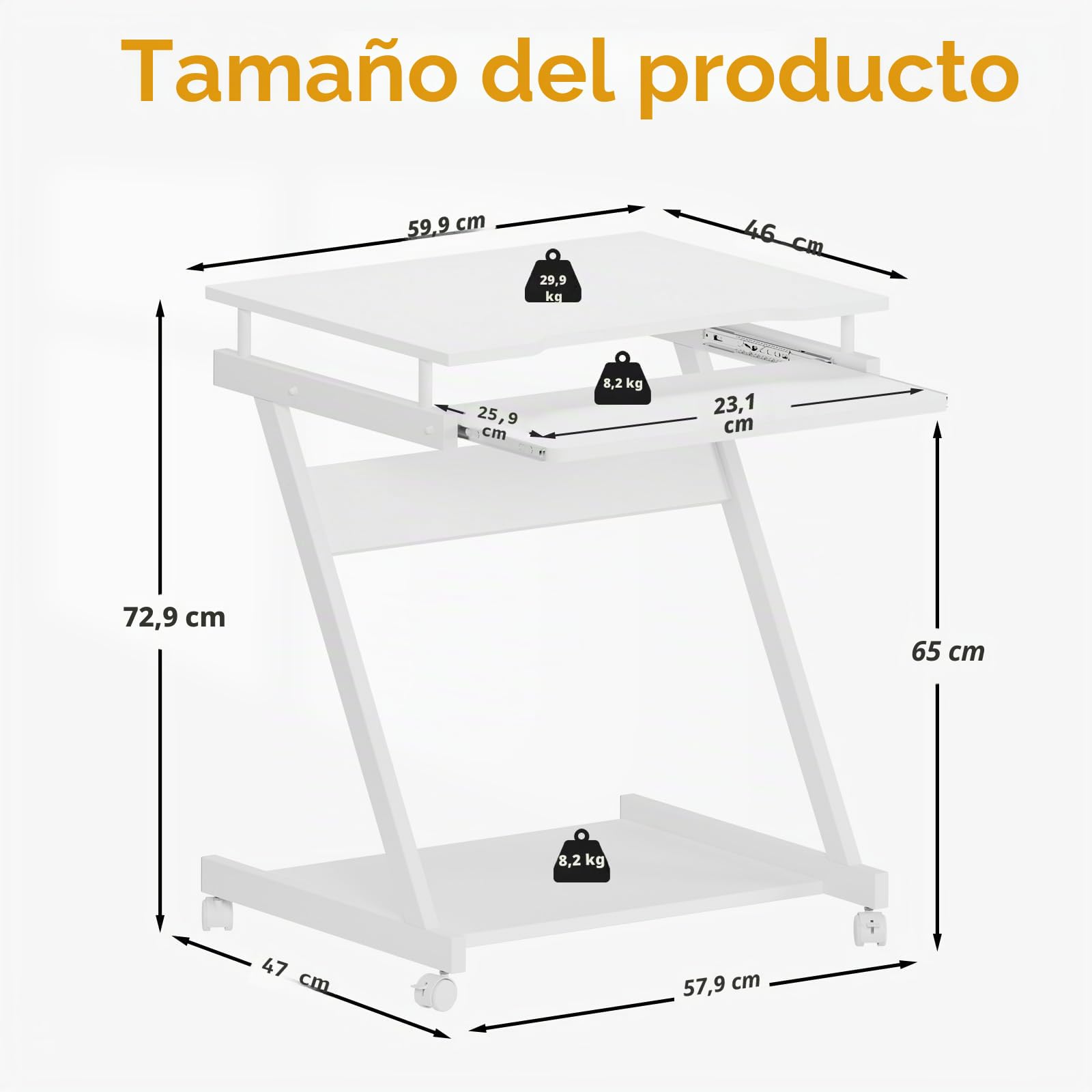 SogesHome Escritorio pequeño para Ordenador con 4 Ruedas, 2 de Ellas con Frenos, Mesa de Ordenador en Forma de Z con Bandeja para Teclado para casa y Oficina, 60 x 48 cm