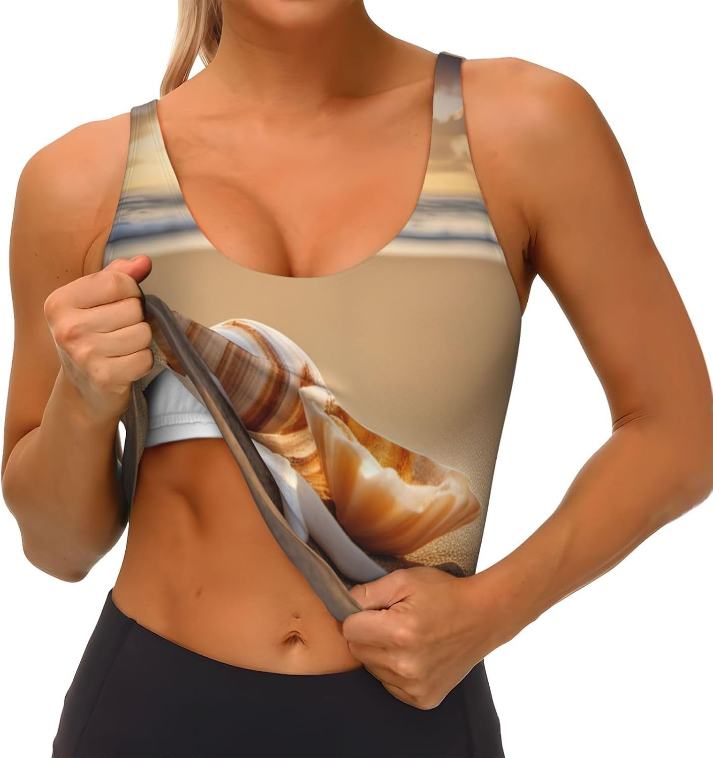 Seashell Landscape On The Beach Print Sports Bra For Women,Padded,Racerback,Perfect For Yoga,Workout And Running