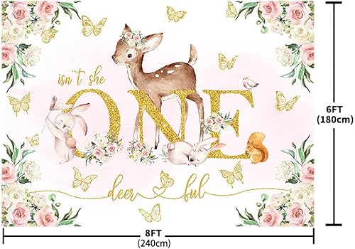 Miniatura 5 de Telón de fondo de primer cumpleaños de ciervo de 8 x 6 pies para niña, diseño floral rosa dorado con diseño de conejito de mariposa "Isn't She One"