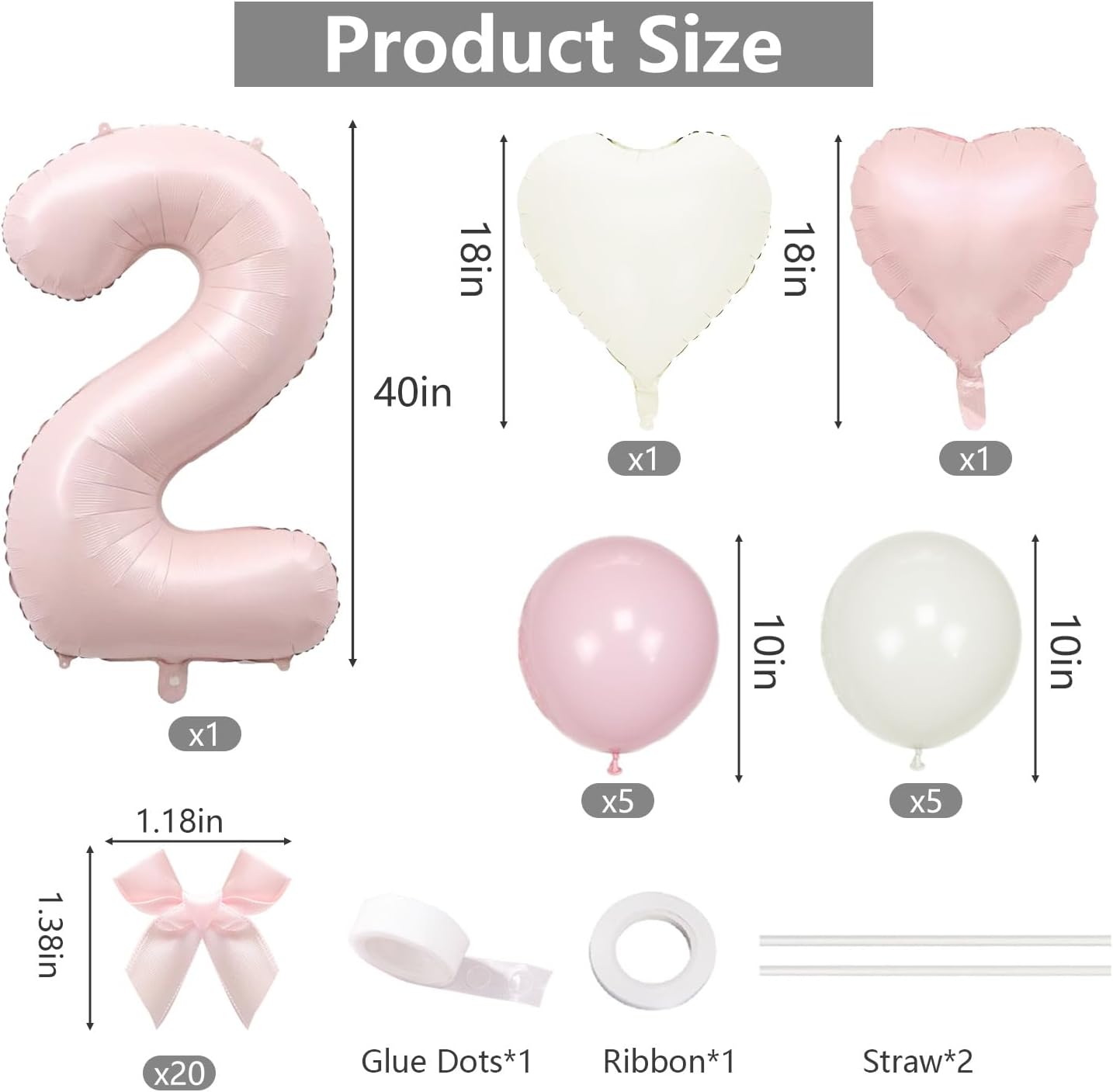 Pink Bow 2st Birthday Balloon Set - 40 Inch Number 2 Foil Balloon, Pink & White Baby Shower Photo Booth Cake Smash Party Decorations - Image 2