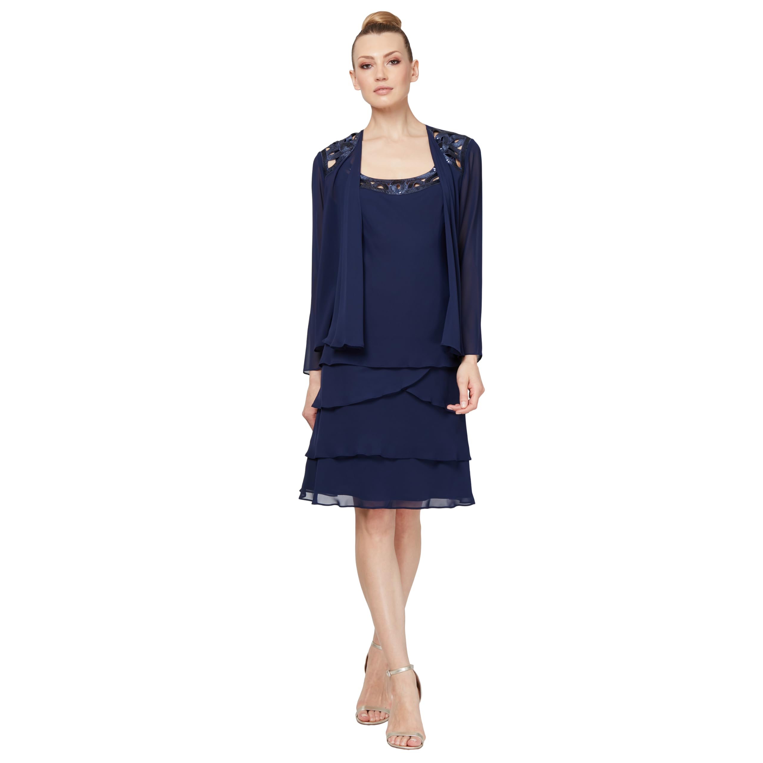 S.l. Fashions Women's Sapphire Embellished Tiered Sequin Jacket Dress - Petite & Regular