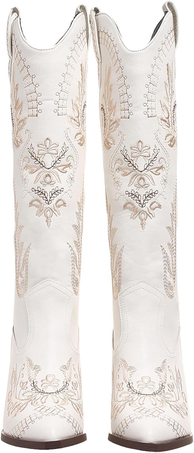 Cowboy Boots for Women Wide Calf Cowgirl Boot Embroidered Western Pointed Toe Chunky Heel Pull On Knee High Retro Tall Boot Ladies Boots - Image 5